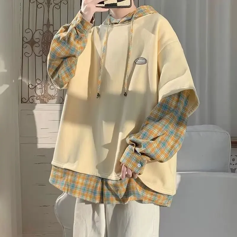 Hooded Sweatshirt Men's Two-Piece Illusion Plaid Shirt Spliced Top 2022 Autumn New Design Sensibility Idle Style Fashionable