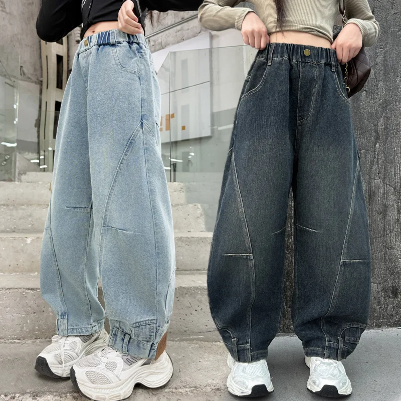 

New Girl Design Wide Leg Banana Scimitar Jeans for Kids Spring Autumn Loose Casual Elastic Waist Teenage Child Denim Pants 5-14Y