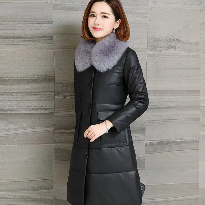 2024 New PU leather Coat Fur Imitation Fox Fur Collar Women's Jacket Mid-length Plus Cotton Thick PU Leather Slim Jacket