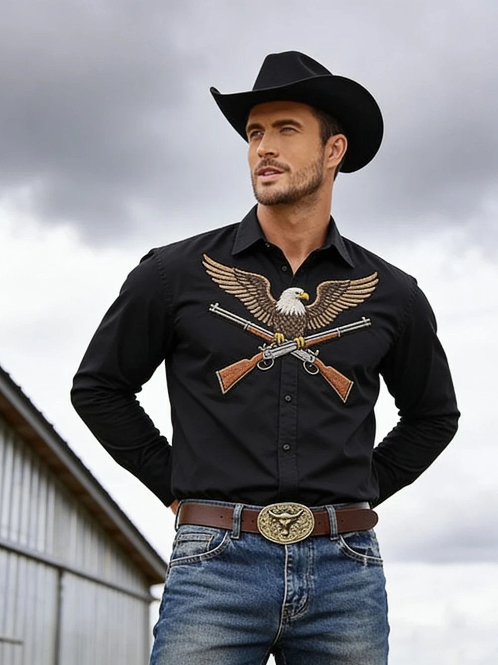 2026 New Men's Western Farm Cactus 3D Print Black Shirt Long Sleeve Collar Button Business Casual Hawaiian Shirt Men For You
