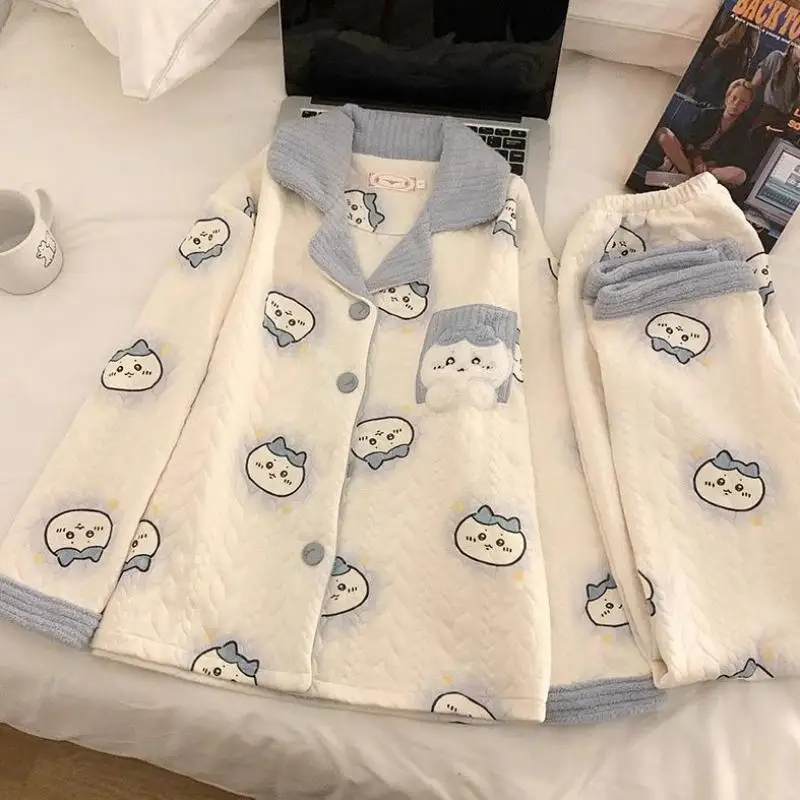 

Ins New Chiikawa Cute Autumn and Winter Pajama Set Cartoon Hachiware Warm and Thickened Home Clothes Set Holiday Gift Toys