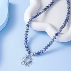 Natural Stone Beaded Women's Necklace with Sun Bowknot Pendant Vintage Chokers Necklaces for Women Daily Wear Fashion Jewelry
