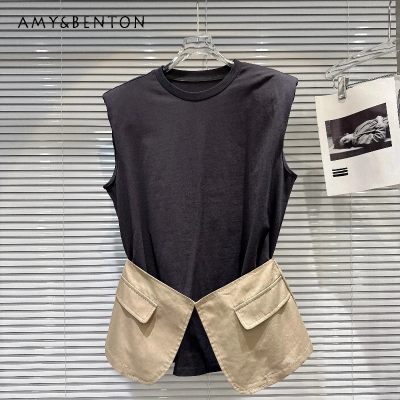 

Khaki Waist Seal Skirt Splicing Shoulder Pad Sleeveless Women's Top 2026 Summer New Sweet Cool Loose Versatile T-shirt Ladies