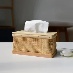 Rattan Solid Wood Tissue Box Rectangular Paper Box Desktop Storage Box for Hotel Restaurant Living Room Decor