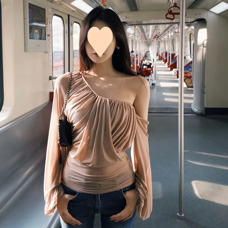 

Sexy Off The Shoulder Women T-shirt 2025 Summer New French Style Blouse Asymmetric Off Shoulder Ruffled Chiffon Women's Top