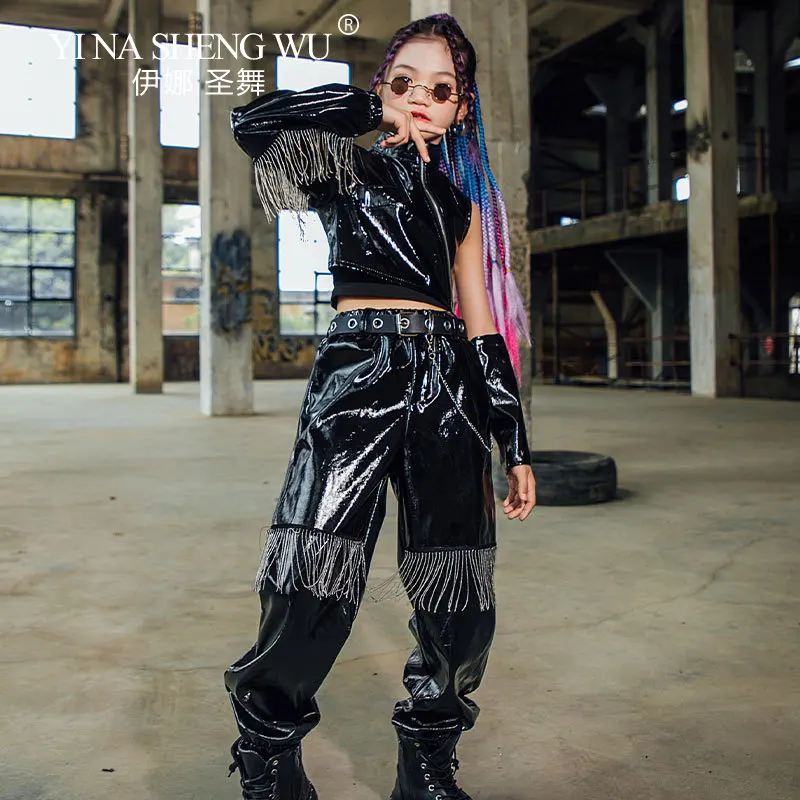 أزياء رقص الجاز للفتيات أزياء الهيب هوب ملابس جلدية سوداء مجموعة ملابس K-pop المرحلة نموذج المرحلة المدرج البدلة