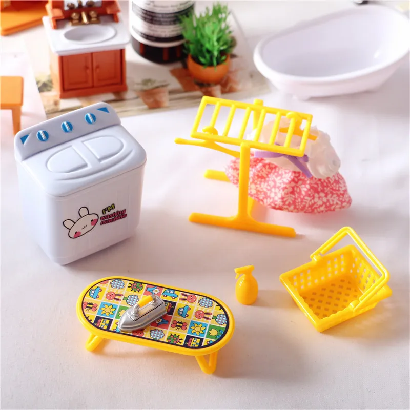 Mini Washing Machine Drying Rack Irons Bucket Furniture 1:12 Dollhouse Play Home Decor Clothes Toys Simulation Doll Accessories