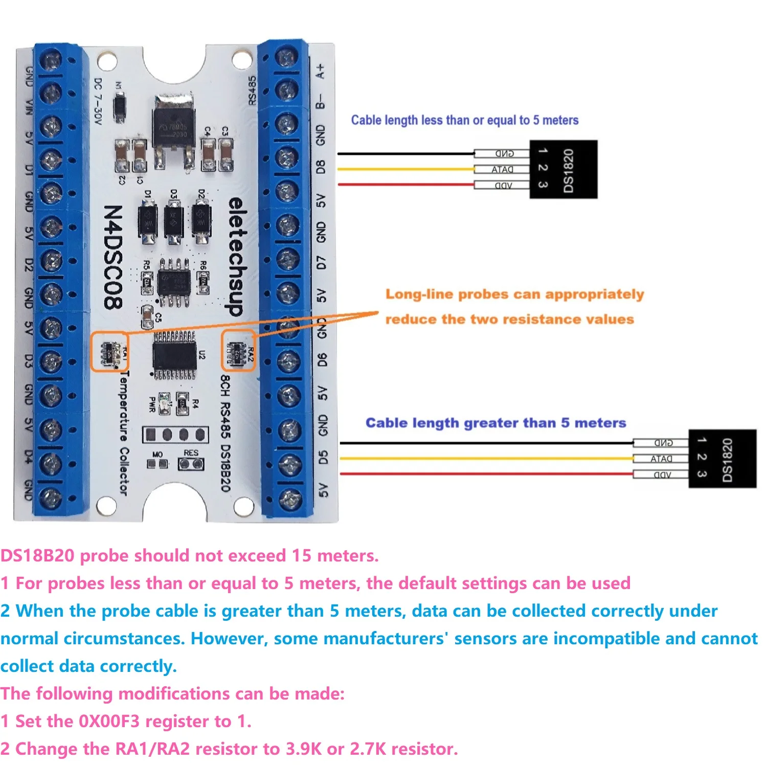 8CH RS485 DS18B20 Sensor Temperature Collector Modbus Remote IO