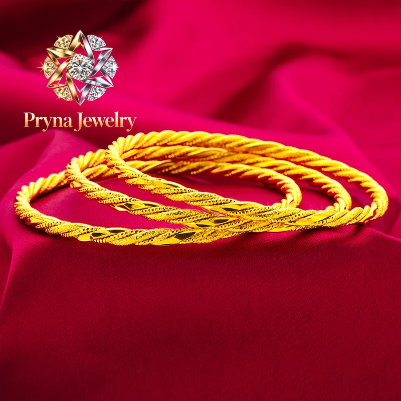 

Pryna Jewelry 4MM Twisted Bracelet for Women, 24K Gold, AU999 | Traditional hand-twisted design, polished gold for daily elega