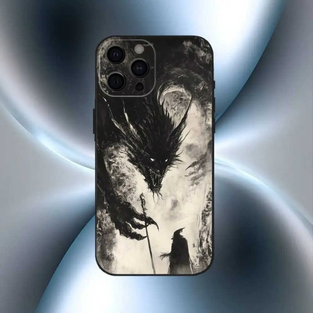 Dragon Pattern Ink Brush Painting Phone Case For iPhone17,16,15,14,13,12,11 Plus,Pro Max Soft Black Cover