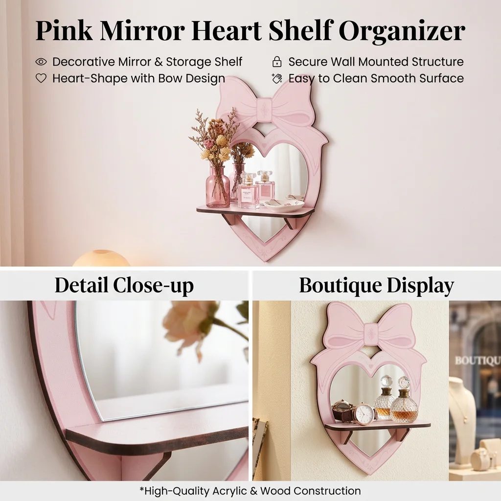 Wall Shelf Cute Pink Mirror Heart Bow Organizer for Girls Bedroom Living Room Home Decor Acrylic Storage Rack Aesthetic