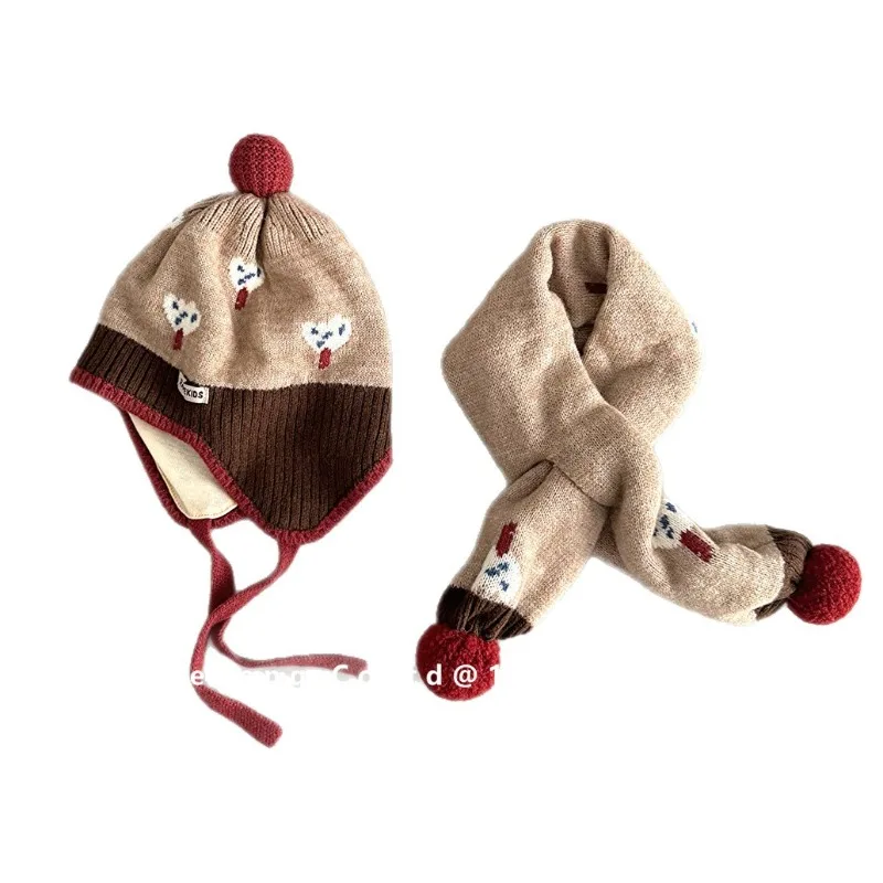 Set Topi dan Syal Anak Gaya Korea, Beanie Rajut Modis dengan Penutup Telinga dan Syal Senada, Pakaian Hangat Dua Potong untuk Anak Laki-laki dan Perempuan, Lucu H2165