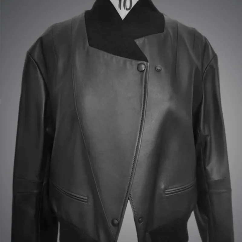 

High Quality Leather Jacket Women's Top High-Grade Air Coat Motorcycle Collarless Thin