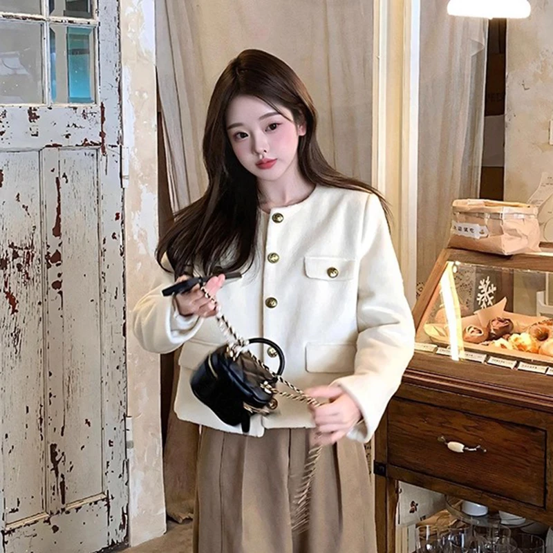 Eleganckie, krótkie płaszcze w stylu francuskim dla kobiet, jesienno-zimowe, zapinane na guziki, z długim rękawem, codzienne kurtki z okrągłym dekoltem, uniwersalne, modne bluzki do biura.