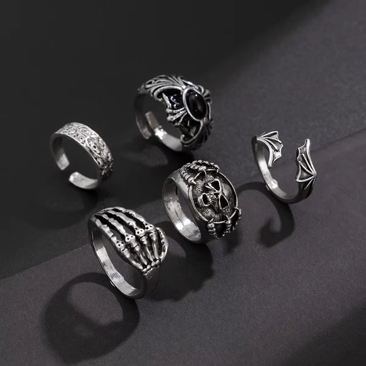 KunJoe Gothic Skull Claw Cross Ring Set for Men Vintage Silver Color Adjustable Open Rings Male Punk Jewelry Finger Accessories
