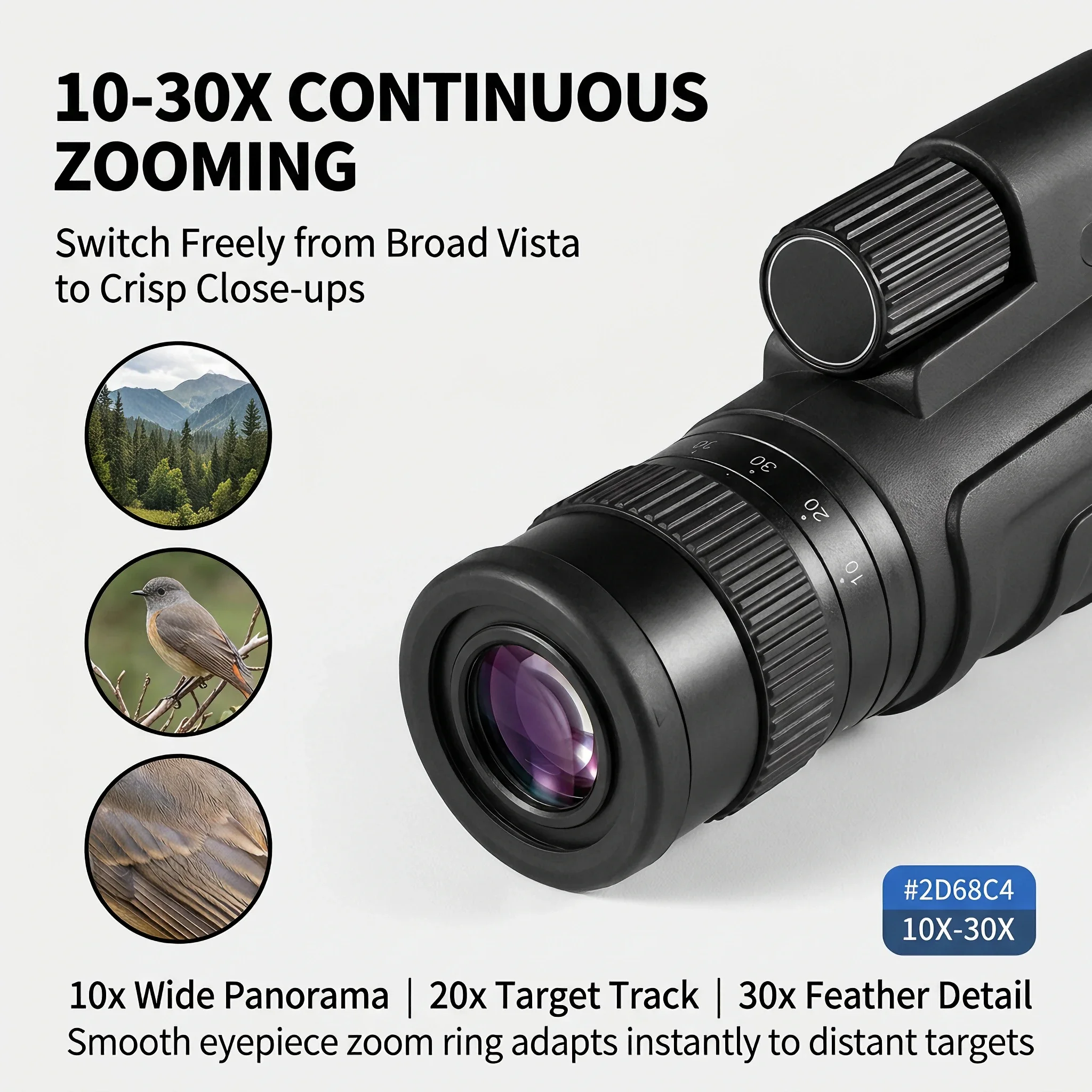 10-30x50 Monocular, HD High Power Telescope with FMC Lens BAK4 Prism, Ideal for Bird Watching Hunting Hiking Camping