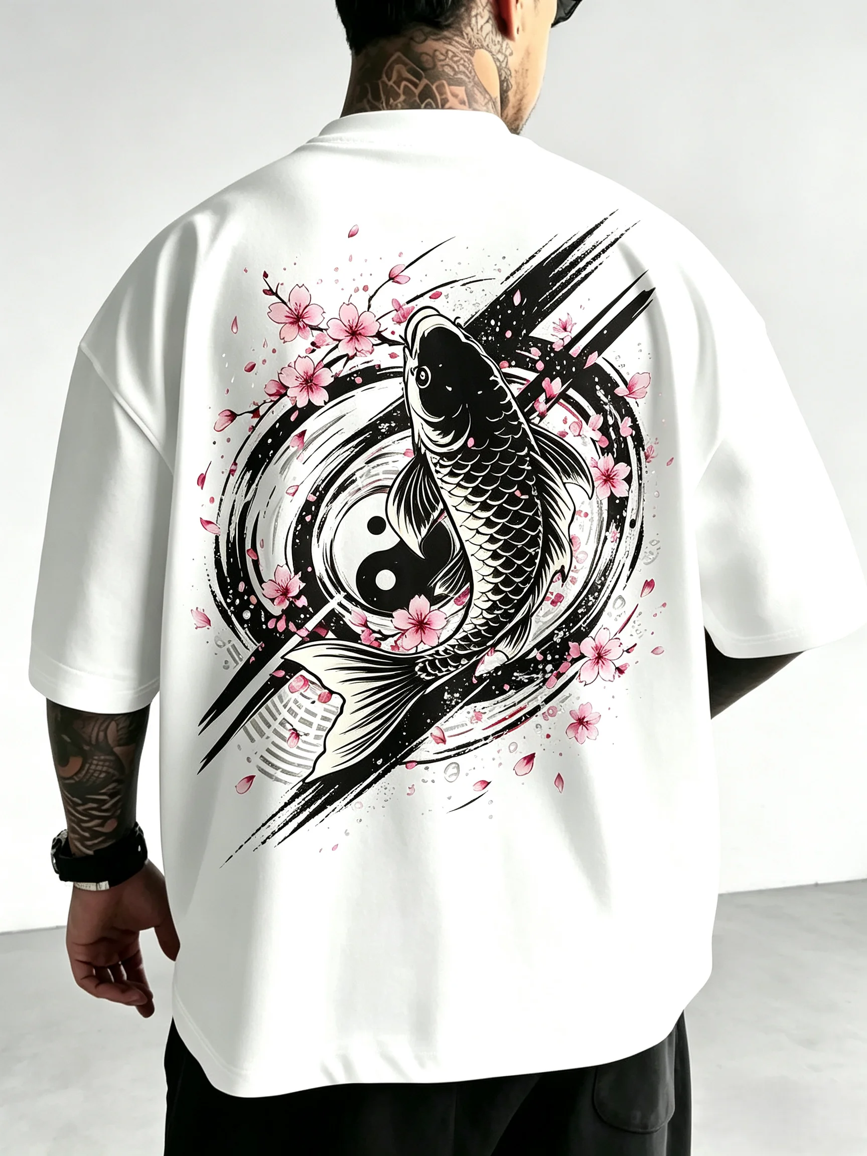 Yin Yang Taiji Koi Fish T Shirt Unisex Men Women Japanese Cherry Blossom Sakura Ink Brush Back Print Graphic Tee Oversized Asian Streetwear Short Sleeve Tops
