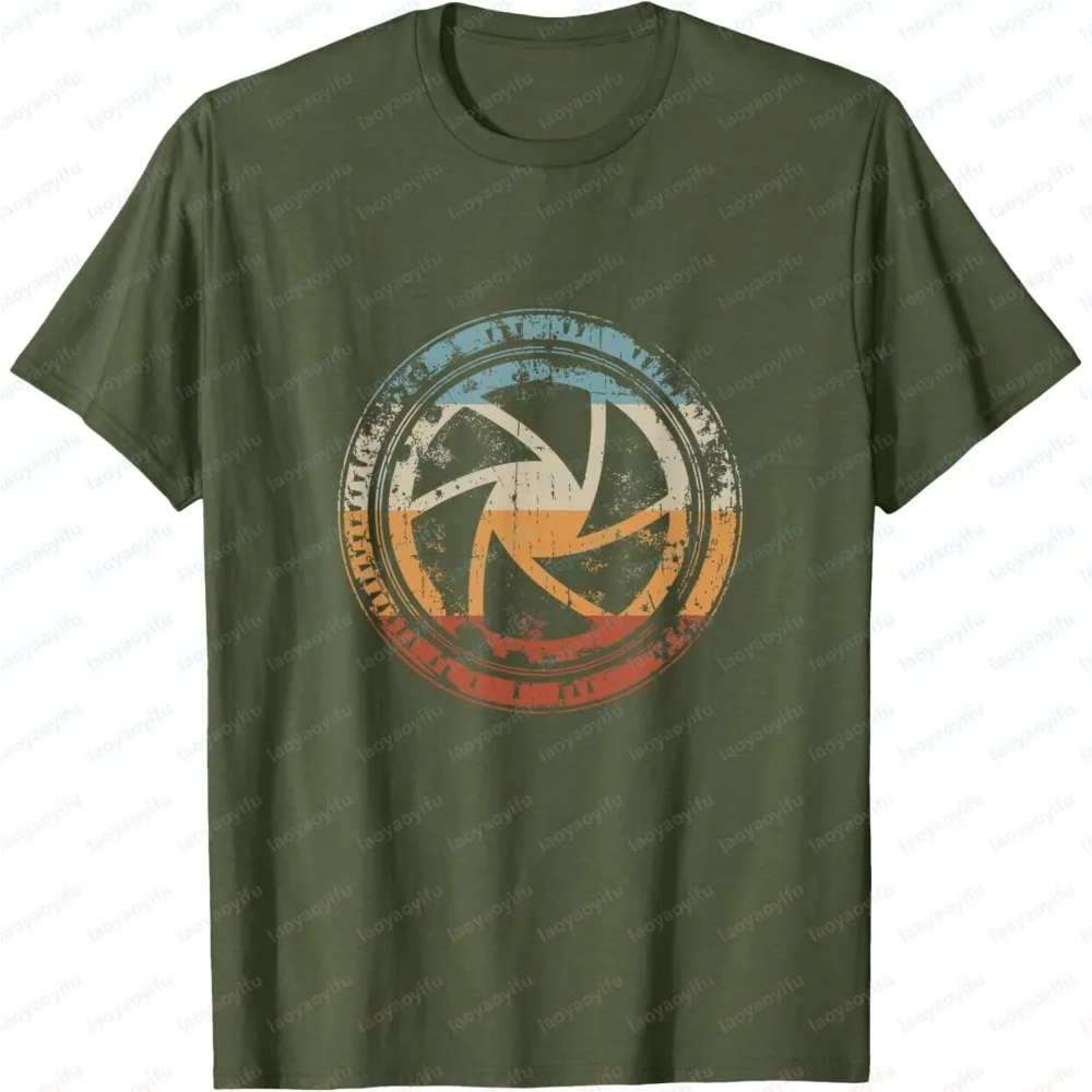 Summer Men Short Sleeve Fashion T-Shirt Retro Camera Lens Aperture Print Casual Tee Gift For Photographers Camera Enthusiasts