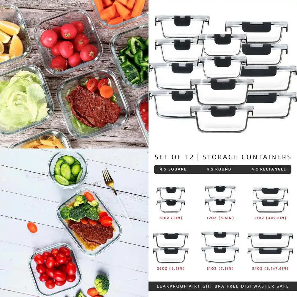 

Стеклянный набор для приготовления еды из 12 предметов с герметичными крышками, герметичный, безопасный для посудомоечной машины, микроволновой печи, духовки, морозильной камеры (серый)