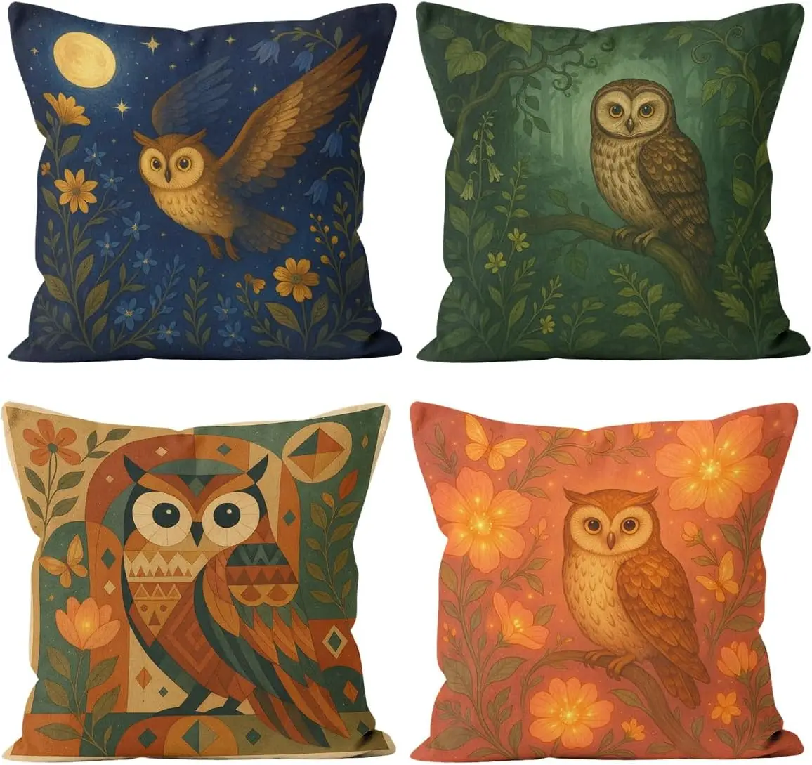 Abstract Vintage Floral Owl Throw Pillow Covers 18x18 Set of 4, Retro Art Pillowcase Decoration Cushion Case for Couch Sofa