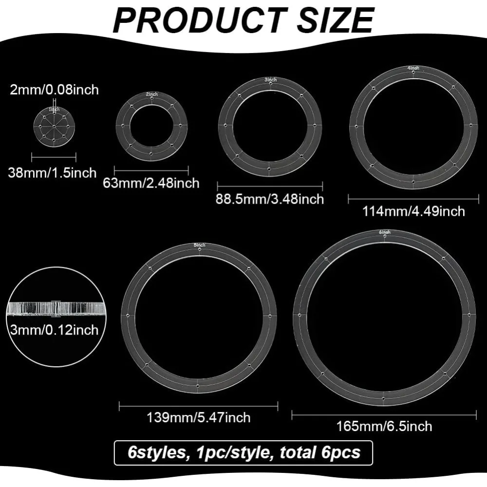 6Pcs Round Quilting Template Set 1/2/3/4/5/6 inch Acrylic Embroidery Tool Drawing Line Template for Hand Quilting and Embroidery