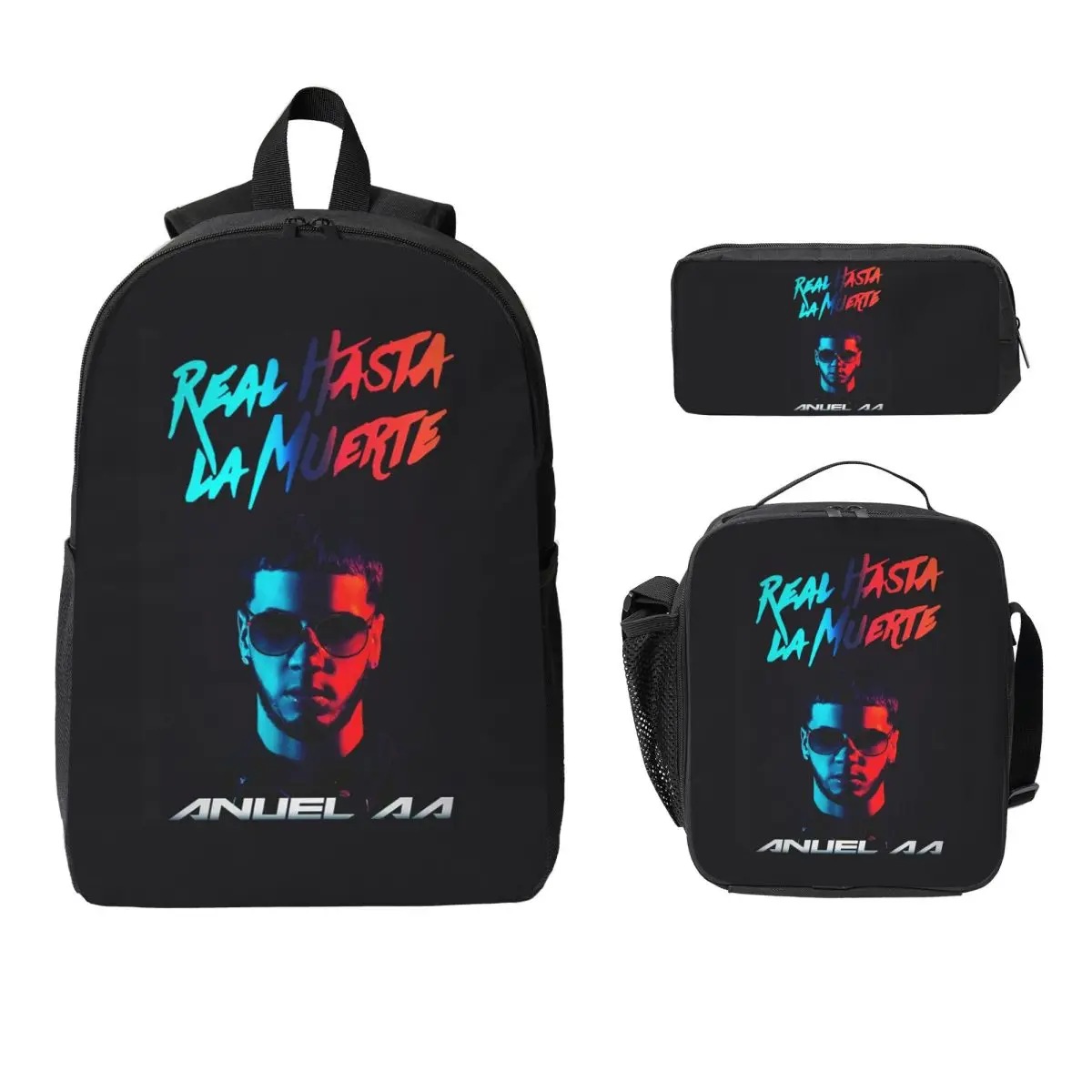 Fashion Hot Rapper Anuel AA Backpack Boys Girls BookBag School Bag Computer Shoulder Bags 3ps Insulated Lunch Bag Pencil Case