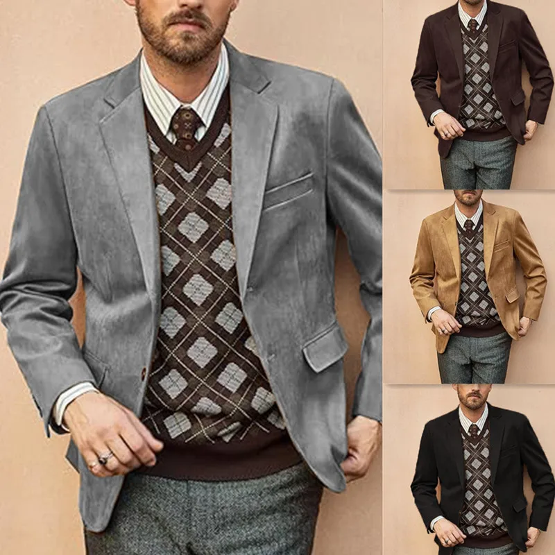 

Men Faux Suede Blazer Single Breasted Light Brown Slim Fit Casual Elegant Jacket Business Office Formal Suit Coat Mens Fashion 2