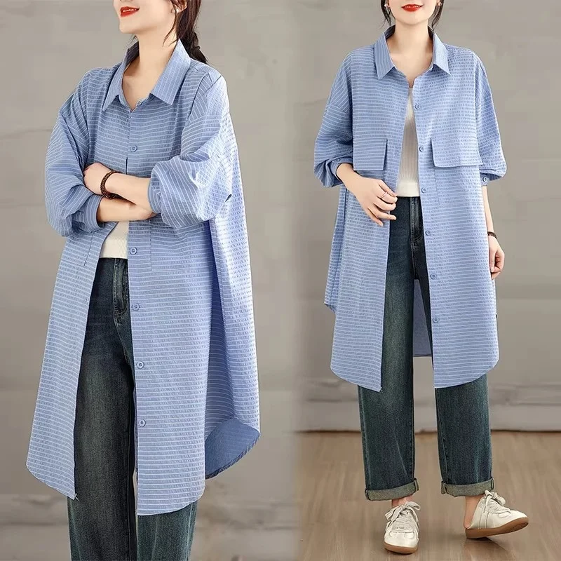 

Женская синяя рубашка-жакет с длинным рукавом – свободный крой, тонкая летняя накидка, повседневный стиль, весенняя блузка для помещений с кондиционером W2142