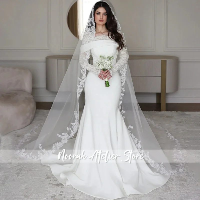 Fashion Mermaid Wedding Dresses O Neck Long Sleeve Satin Bride Dress for Women Vestido De Novia Garden Bridal Gown Customized