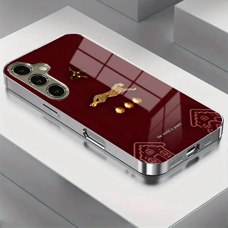 Red background cheetah pattern glass phone case suitable for Samsung Galaxy S26 S25 S24 S23 S22 S21 S20 FE/Ultra/Plus anti drop