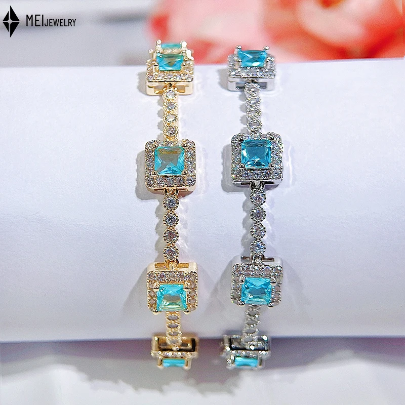 

Cold Wind Ocean Blue Cube Cubic Zirconia Bracelet Romantic French Retro Niche Style Copper Jewelry