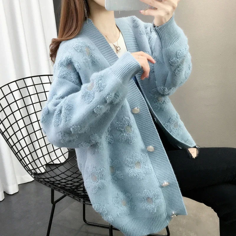 

Ladies Cardigans Long Sleeve Knitted Sweater Women Korean Spring Autumn Single-breasted V Neck Knitted Cardigans Jacket Female