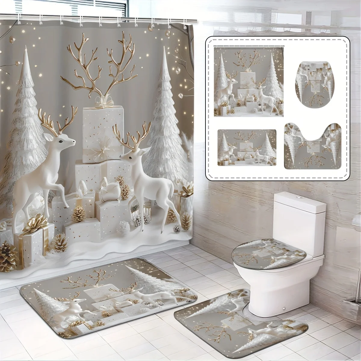 

4pcs Silver Reindeer Shower Curtain Set,Christmas Decoration,with Hook Non-Slip U-Shaped Toilet Seat Cover, Bathroom Accessories