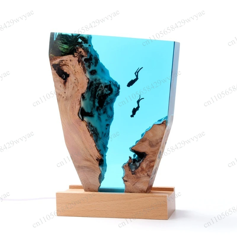 Solid Wood Resin Ambient Light, Ocean Freediver Desktop Ornament, Deep Sea Themed Creative Night Light for Souvenir Gift