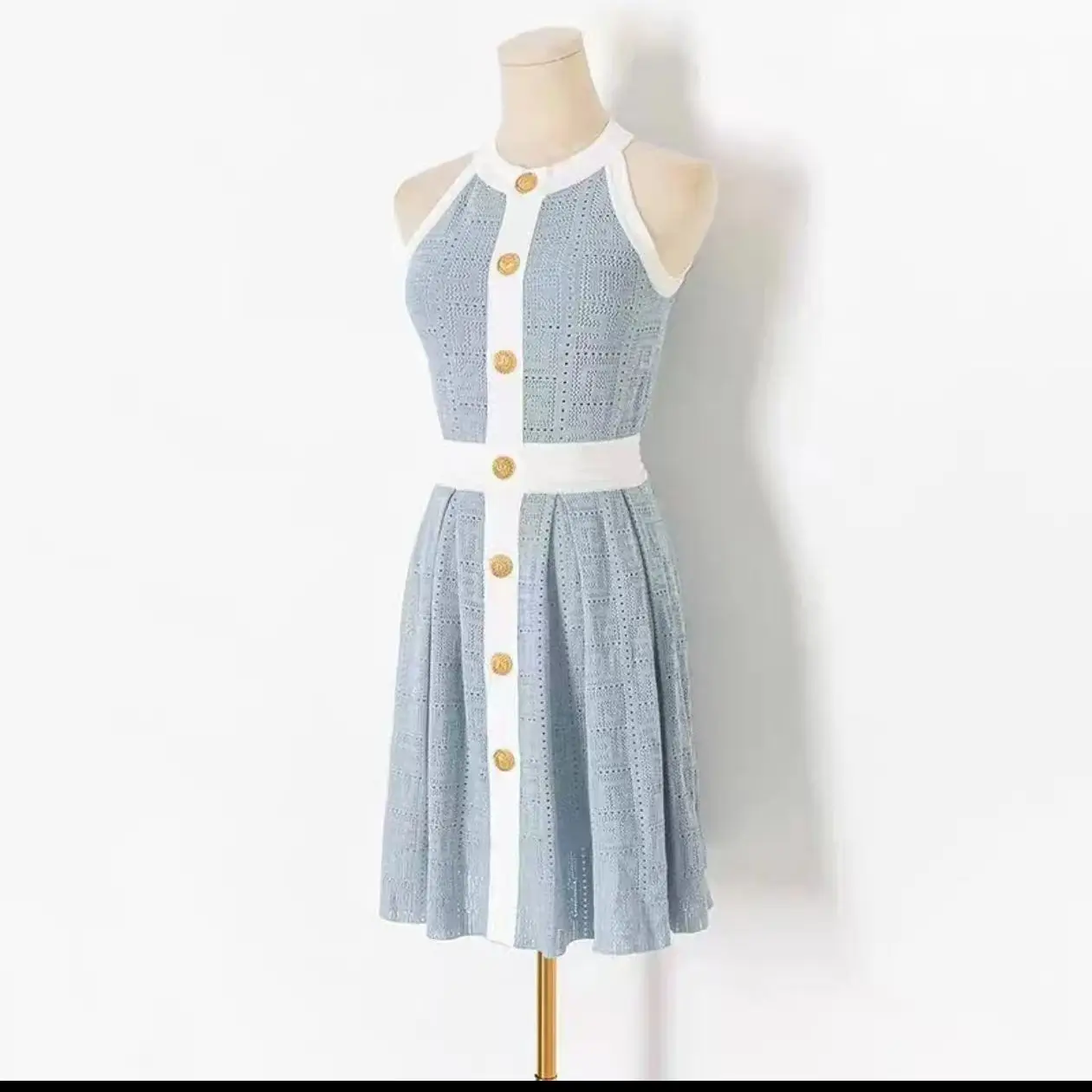 

Spring And Summer New Fashionable Women's Knitted Ten Thousand Character Pattern Socialite Button Round Neck Sleeveless Dress