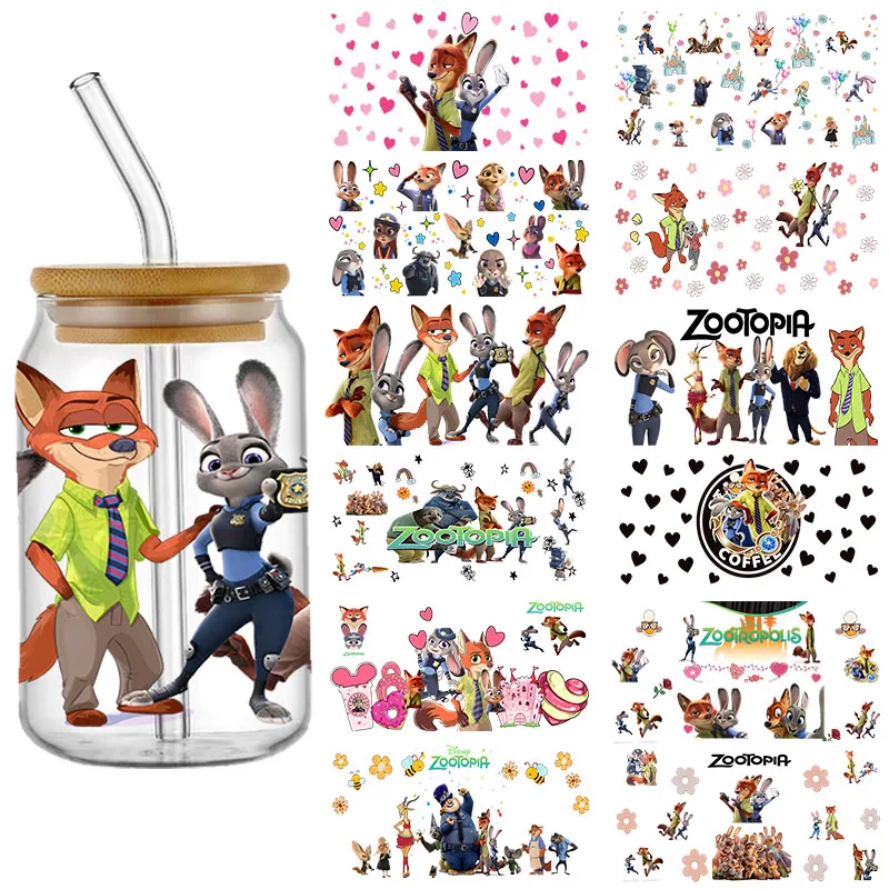 Zootopia أرنب الثعلب الشرطة نمط الأشعة فوق البنفسجية DTF نقل ملصق مقاوم للماء نقل الشارات لملصقات التفاف كوب زجاجي 16oz