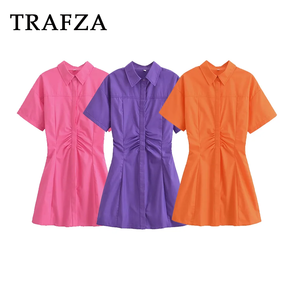 

TRAFZA 2024 Autumn Women Casual Solid Dresses Single Breasted Short Skirts Pleated Half Sleeve Fashion Women Vintage Dresses