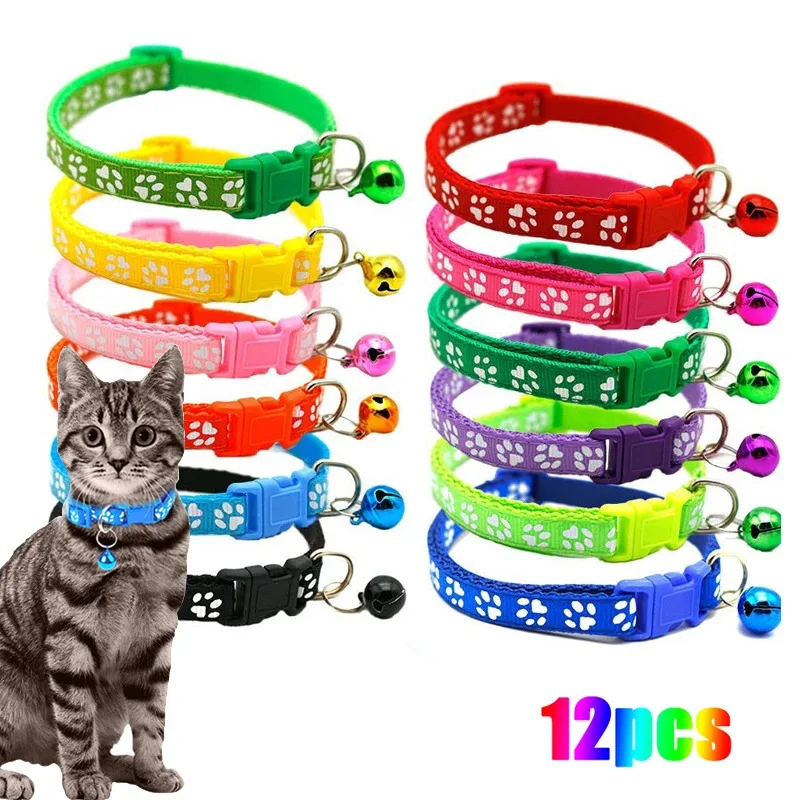 1/6/16pcs Colorful Pet Collar with Bell Footprints Cat Accessories Cat Collar Adjustable Bell Ring Necklace Pet