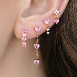 1 Pair Stainless Steel Pink Zircon Sweet Heart Dangle Earrings for Women Y2K Cute Love Hanging Earring Piercing Jewelry Gift