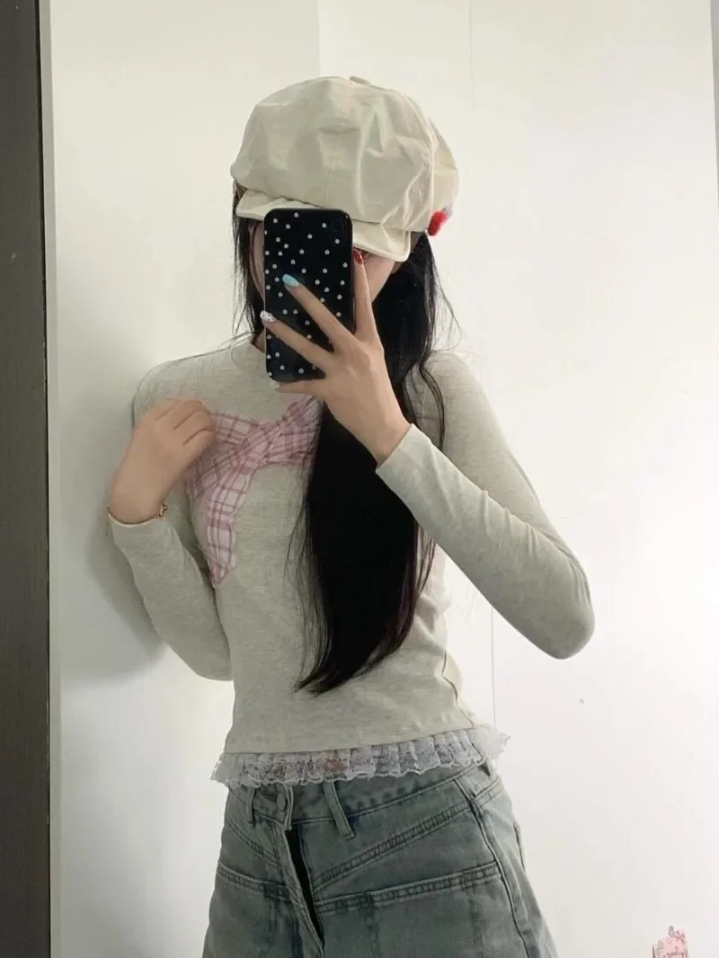 Bow Print Crop Tops Wome Camisetas Sweet Lace Patchwork Gray O Neck Tshirts Japanese Vintage Y2k Tees Aesthetic Slim Fit