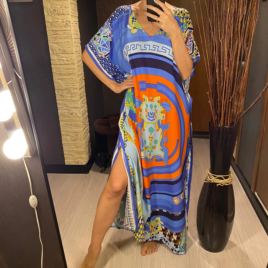 2026 Neues Buntes Kaftan-Tunika Strandkleid Strandmode Strandüberwurf Locker Sitzendes Maxikleid für Damen V4428 – Detail 8