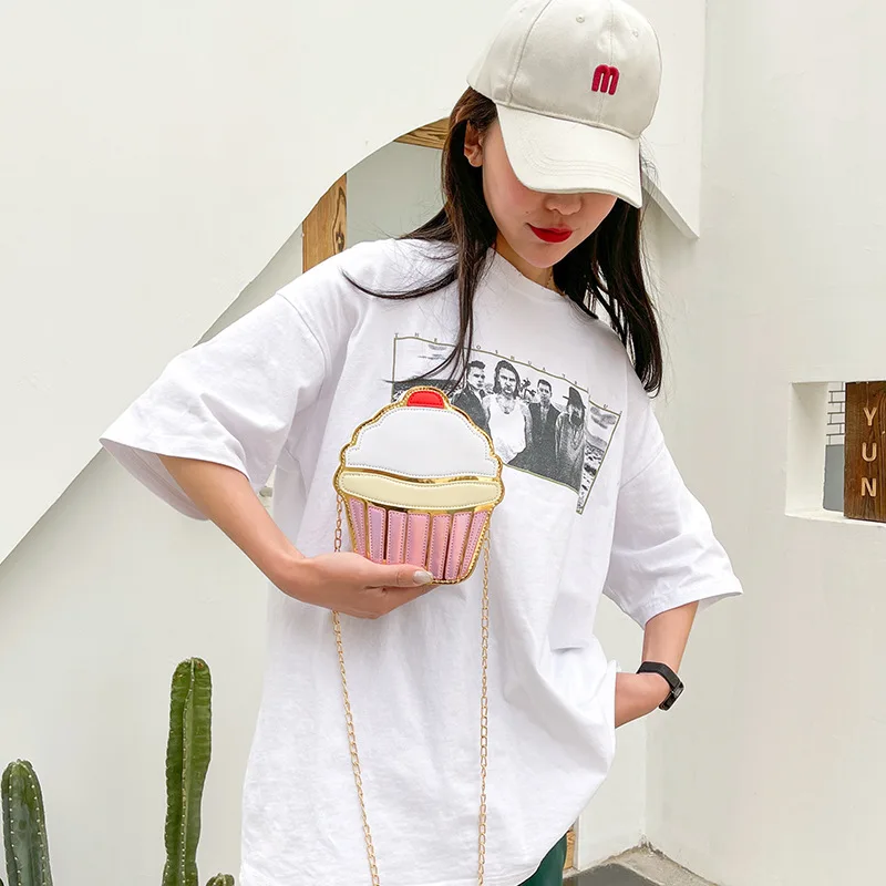Women's Chain Single Shoulder Bag Mobile Phone Bag Cute Ice Cream Hamburger Clutch Sweet Style Pink Hand Bag Kawaii Small Bag