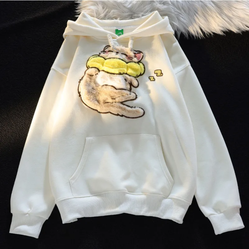 Kawaii Cartoon Sleep Cat Pullover Hoodie Women Winter Casual Cute Plush Animal Graphic Hooded Sweatshirt Girls Harajuku Tops