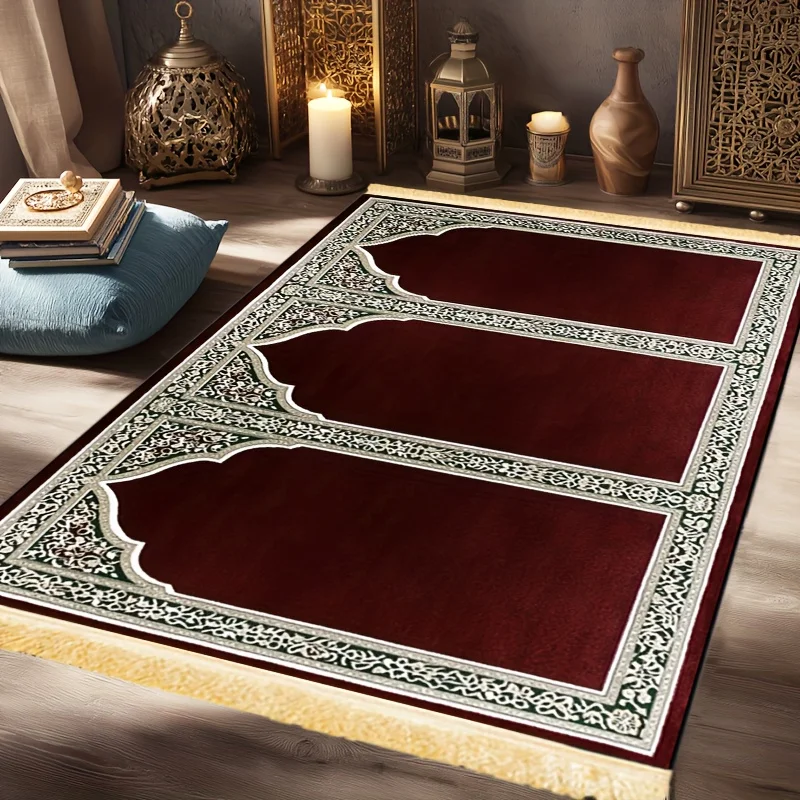 VIKAMA Luxury Islamic Prayer Mat with Tassels, Foldable Prayer Rug for Home, Large Gatherings, and Congregational Prayers