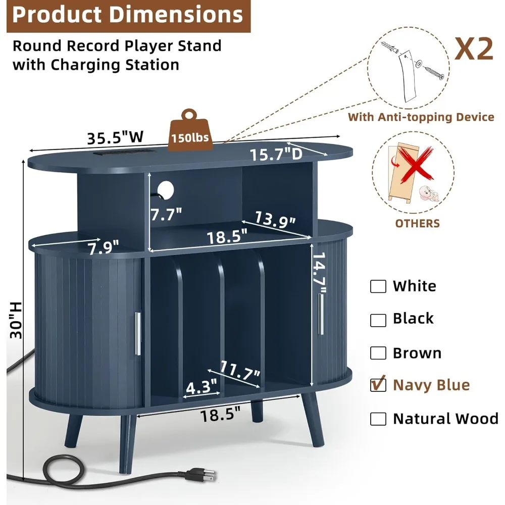 حامل مشغل تسجيل دائري كبير من LELELINKY مع قاعدة شحن ولوحة مخددة، خزانة قرص دوار حديثة باللون الأزرق الداكن في منتصف القرن wi #2
