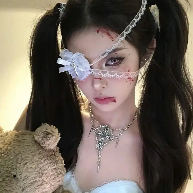 لطيف Bowknot الصليب القلب الدانتيل قناع عين النساء هالوين راهبة كوس اكسسوارات الظلام القوطية نمط خادمة تأثيري الدعائم لوليتا أقنعة عين