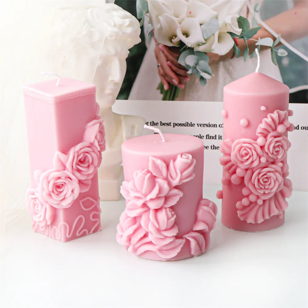 Vine Rose Column Cylindrical Relief Candle Silicone Mold Gypsum form Carving Art Aromatherapy Plaster Home Decoration Mold Gift