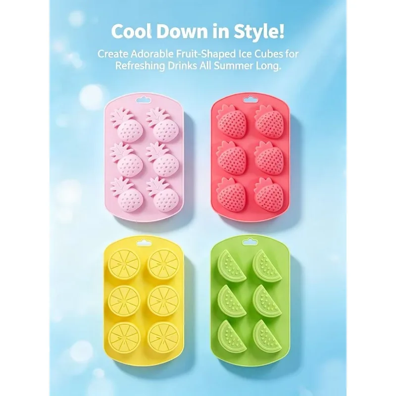 pineapple watermelon orange strawberry ice tray four distinct fruit silhouettes effortless ice demolding craft fancy ice cubes for cold brew juice sparkling wine daily kitchen drink prep tool