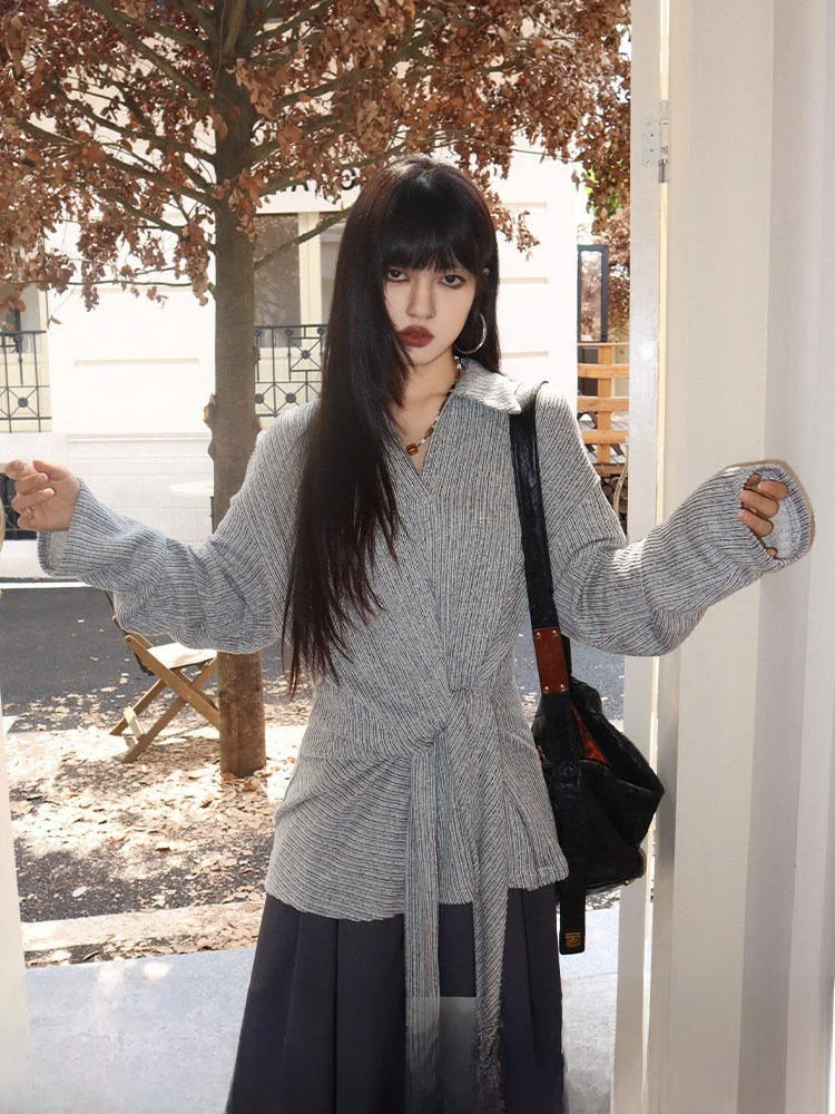 

Loose Casual Striped Knitted irt Women's Spring Autumn Lazy Sle Collar Belted Design Breathable Cotton Polyester Blend