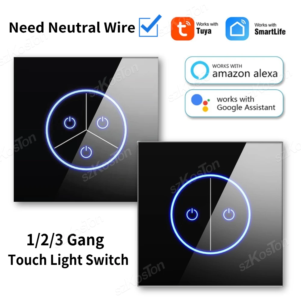 Tuya WiFi Smart Switch 1/2/3 Gang Touch Light Switch Wall Glass Panel for Alexa Google Home Smart Life APP EU Plug